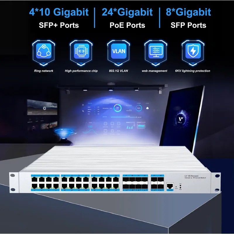 Sfp+ 10G Managed Switch 8 Port - محول شبكة صناعي بـ 24 منفذ